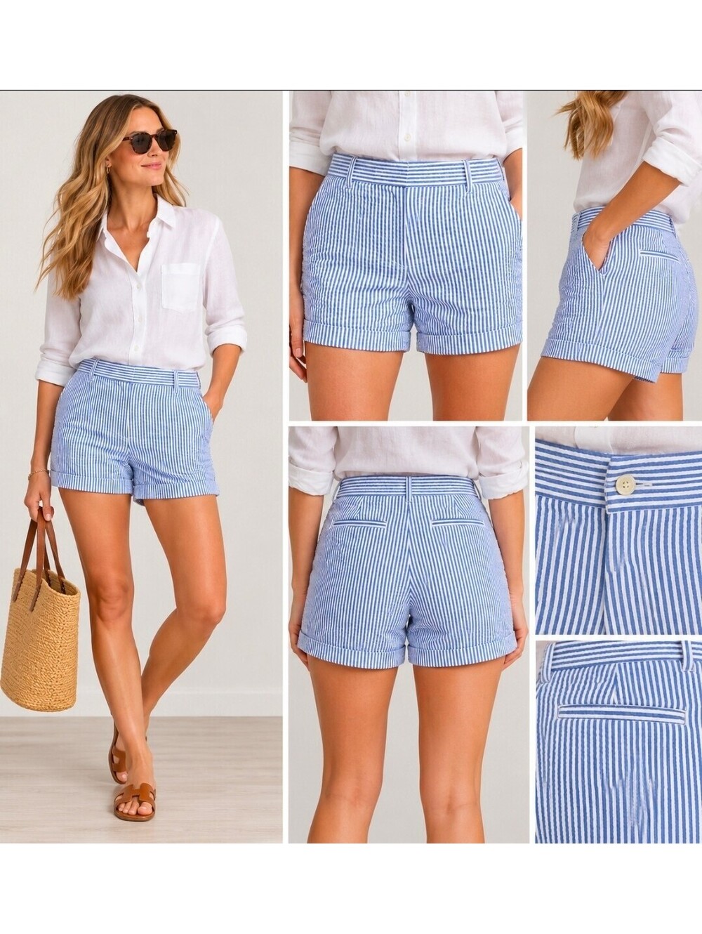 Lauren Ralph Lauren Women’s Size 12 Blue White Seersucker Striped Shorts